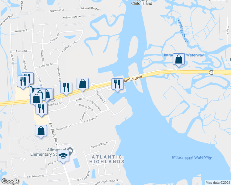 map of restaurants, bars, coffee shops, grocery stores, and more near 14030 Atlantic Boulevard in Jacksonville