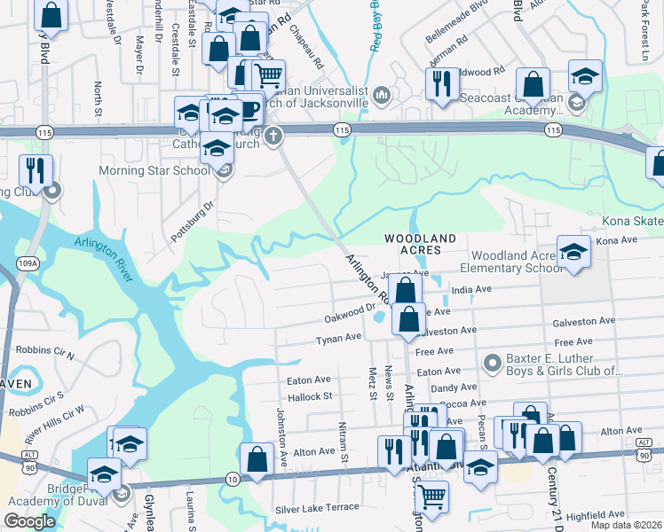 map of restaurants, bars, coffee shops, grocery stores, and more near 524 Arlington Road North in Jacksonville