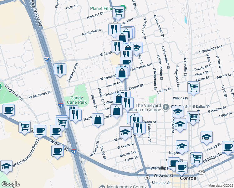 map of restaurants, bars, coffee shops, grocery stores, and more near 900 Thomas Avenue in Conroe