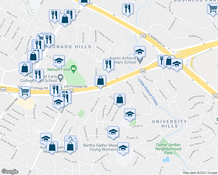 map of restaurants, bars, coffee shops, grocery stores, and more near 7100 East Highway 290 in Austin