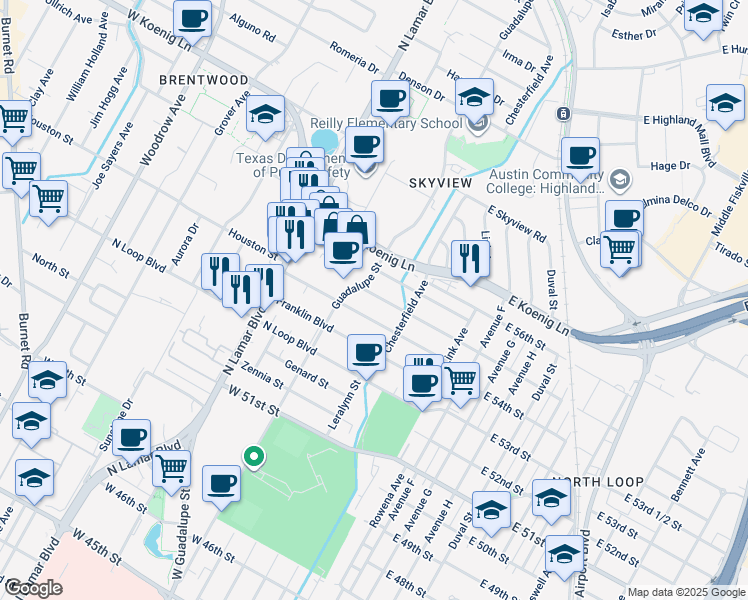 map of restaurants, bars, coffee shops, grocery stores, and more near 5555 North Lamar Boulevard in Austin