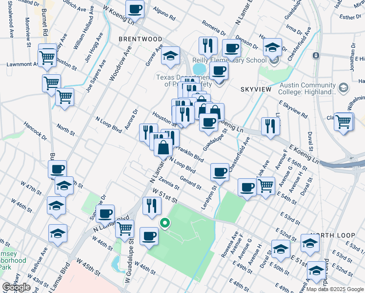 map of restaurants, bars, coffee shops, grocery stores, and more near 5501 North Lamar Boulevard in Austin