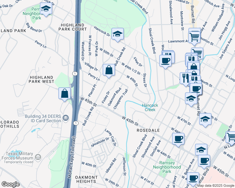 map of restaurants, bars, coffee shops, grocery stores, and more near 4701 Finley Drive in Austin