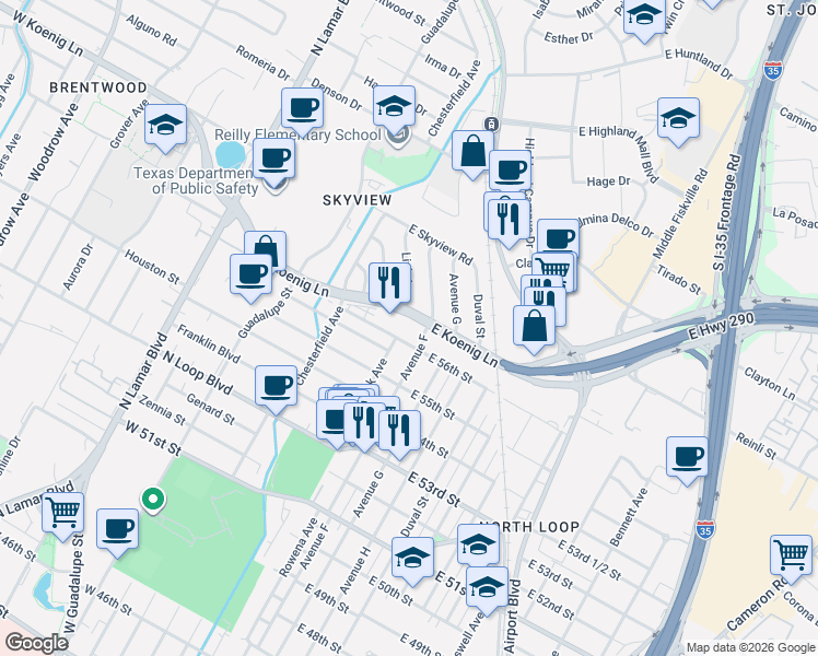 map of restaurants, bars, coffee shops, grocery stores, and more near 5703 Link Avenue in Austin