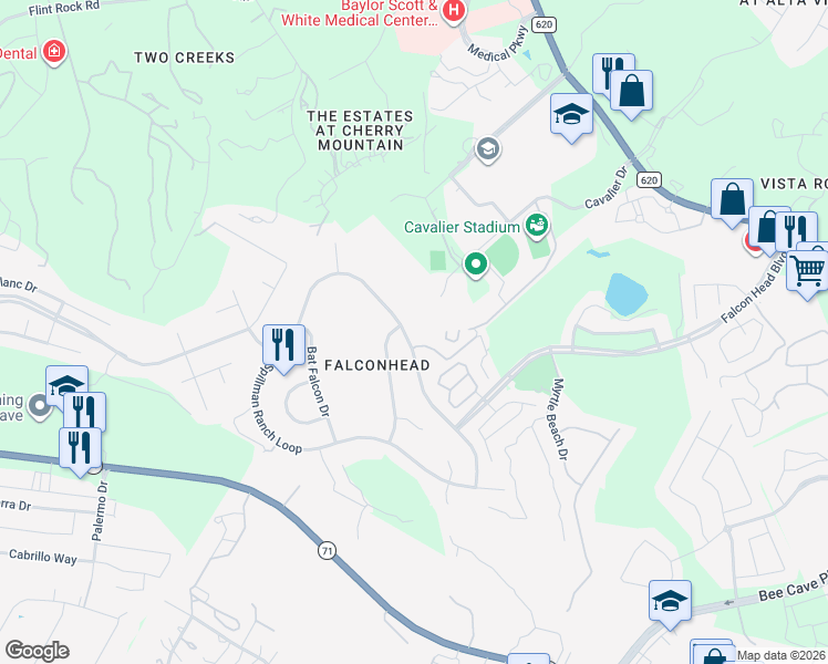 map of restaurants, bars, coffee shops, grocery stores, and more near 16005 Spillman Ranch Loop in Austin