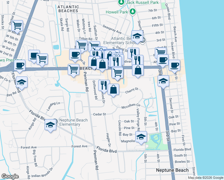 map of restaurants, bars, coffee shops, grocery stores, and more near 630 Atlantic Boulevard in Neptune Beach