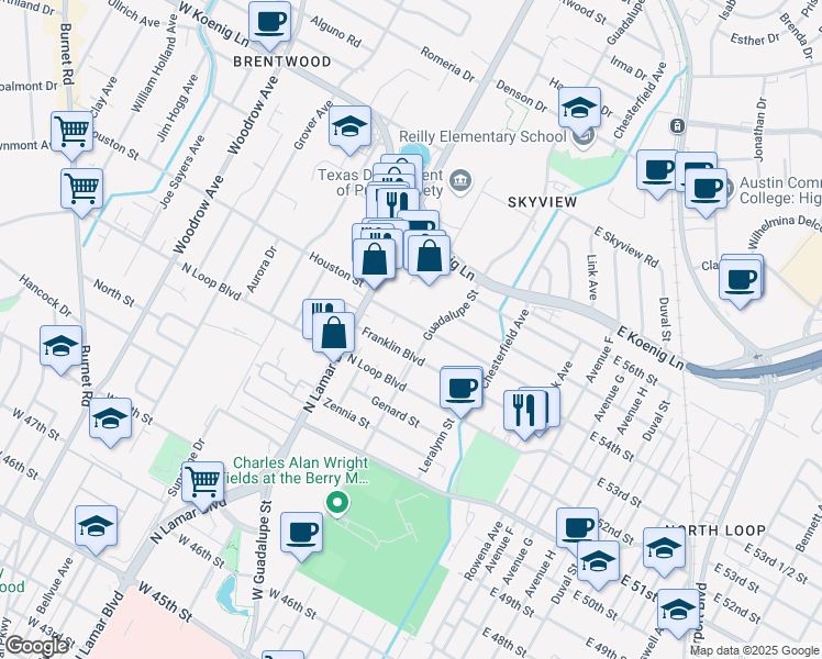 map of restaurants, bars, coffee shops, grocery stores, and more near 5555 North Lamar Boulevard in Austin