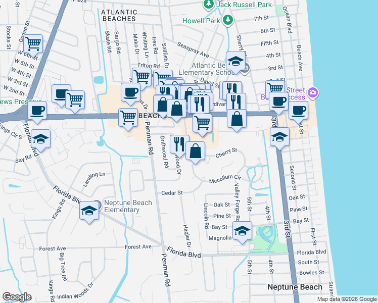 map of restaurants, bars, coffee shops, grocery stores, and more near 630 Atlantic Boulevard in Neptune Beach