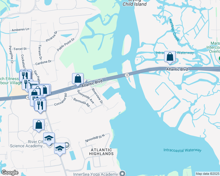 map of restaurants, bars, coffee shops, grocery stores, and more near 14030 Atlantic Boulevard in Jacksonville