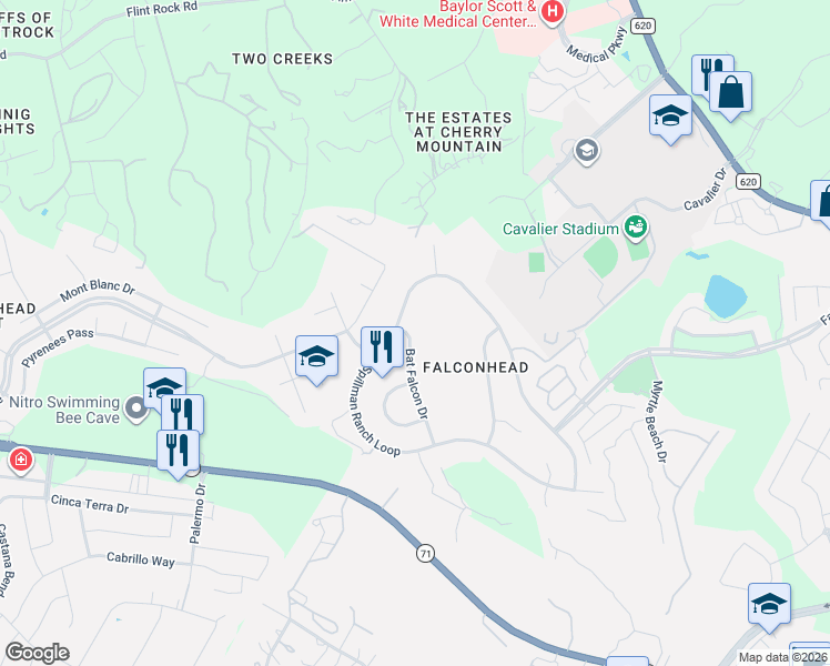 map of restaurants, bars, coffee shops, grocery stores, and more near 4309 Bat Falcon Drive in Austin