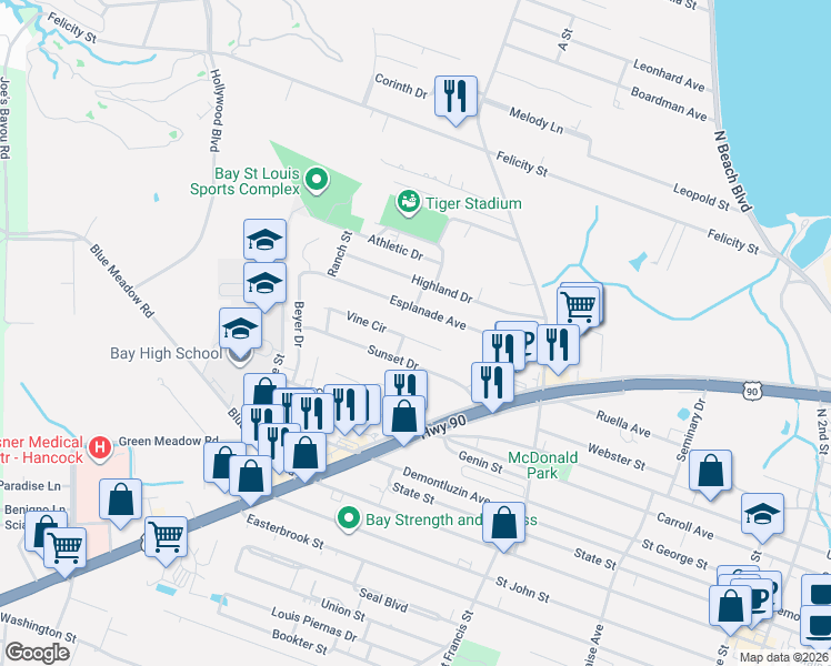map of restaurants, bars, coffee shops, grocery stores, and more near 602 Esplanade Avenue in Bay St. Louis