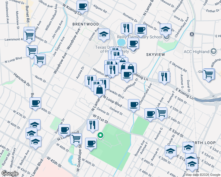 map of restaurants, bars, coffee shops, grocery stores, and more near 710 Franklin Boulevard in Austin