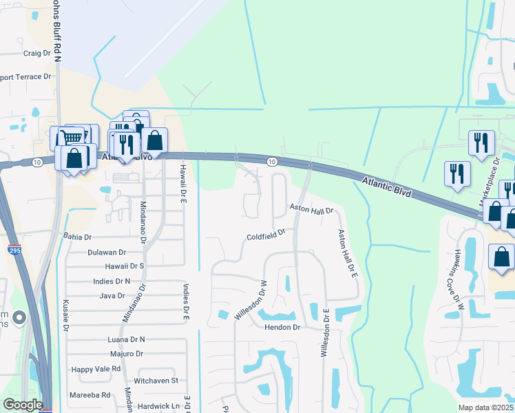 map of restaurants, bars, coffee shops, grocery stores, and more near 11110-2 Atlantic Ap in Jacksonville