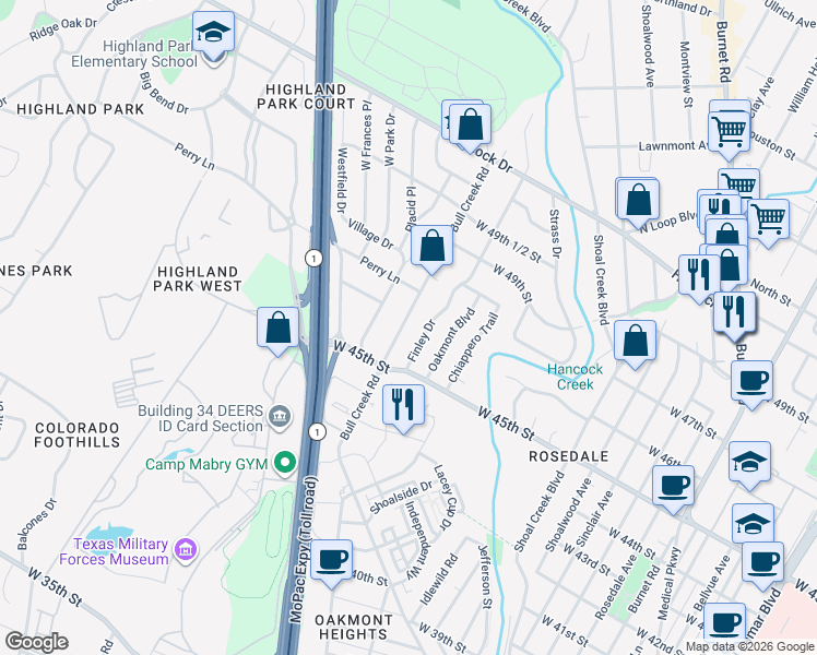 map of restaurants, bars, coffee shops, grocery stores, and more near 4607 Bull Creek Road in Austin