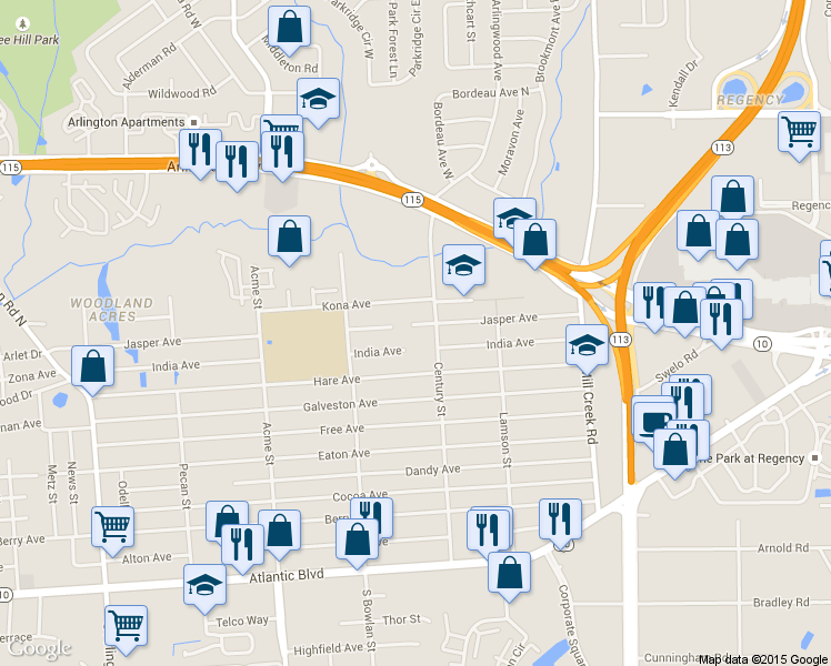 map of restaurants, bars, coffee shops, grocery stores, and more near 8597 Jasper Avenue in Jacksonville