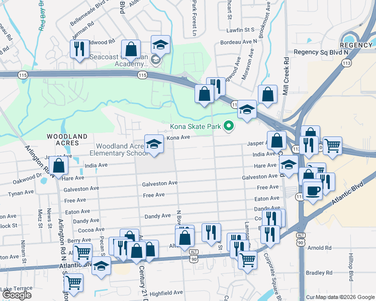 map of restaurants, bars, coffee shops, grocery stores, and more near 8455 Jasper Avenue in Jacksonville