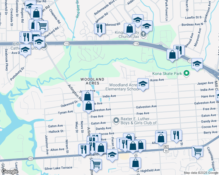 map of restaurants, bars, coffee shops, grocery stores, and more near 445 Pecan Street in Jacksonville