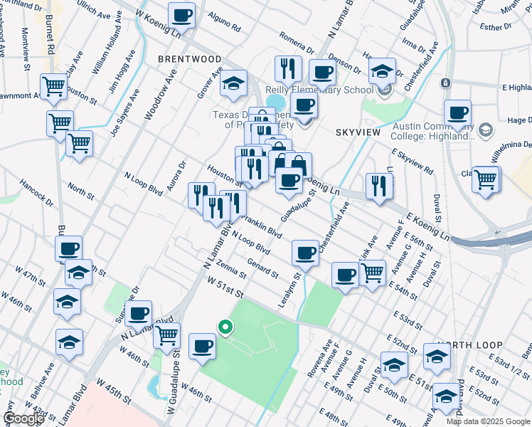 map of restaurants, bars, coffee shops, grocery stores, and more near 5555 North Lamar Boulevard in Austin