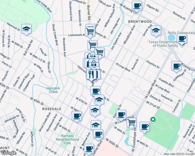 map of restaurants, bars, coffee shops, grocery stores, and more near 1416 West 51st Street in Austin