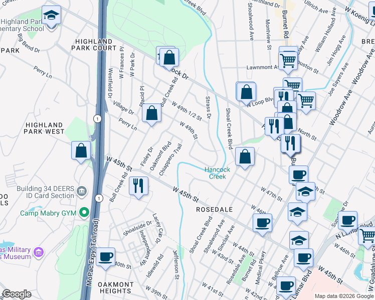 map of restaurants, bars, coffee shops, grocery stores, and more near 4706 Chiappero Trail in Austin