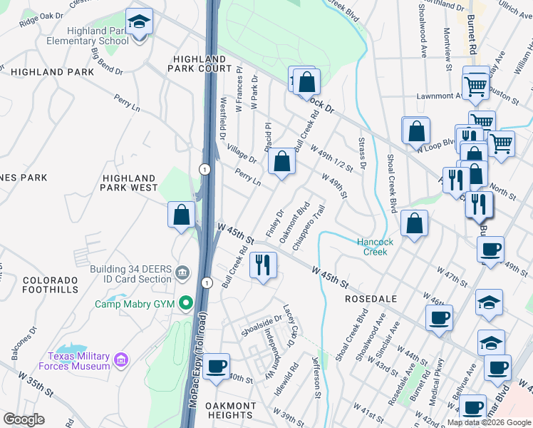 map of restaurants, bars, coffee shops, grocery stores, and more near 4607 Bull Creek Road in Austin