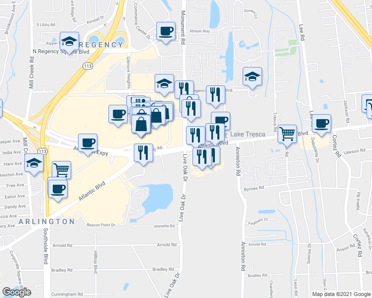 map of restaurants, bars, coffee shops, grocery stores, and more near Atlantic Blvd & Monument Rd in Jacksonville
