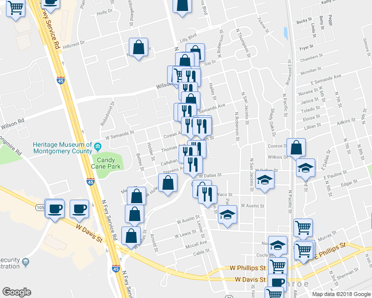 map of restaurants, bars, coffee shops, grocery stores, and more near 1305 North Frazier Street in Conroe