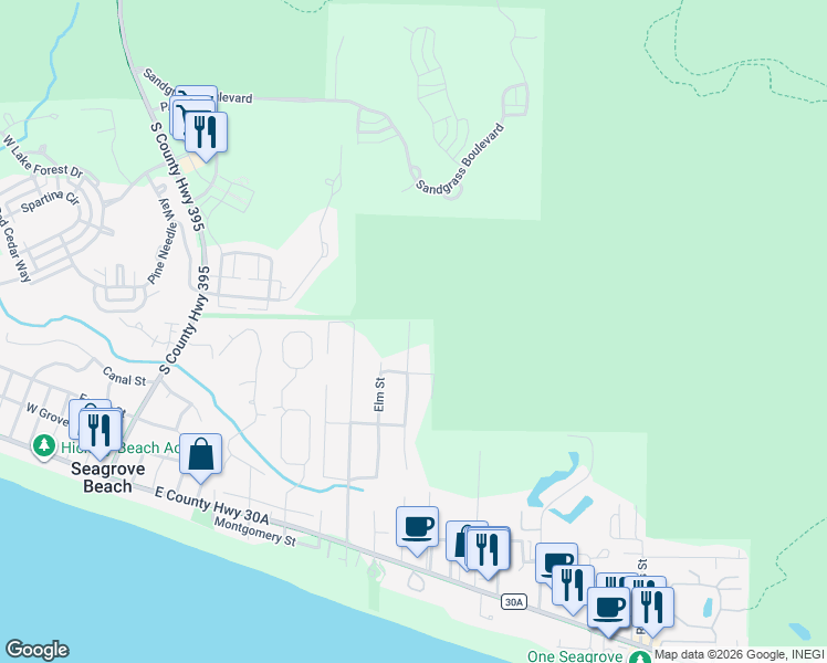 map of restaurants, bars, coffee shops, grocery stores, and more near 59 Chelsey Lane in Santa Rosa Beach