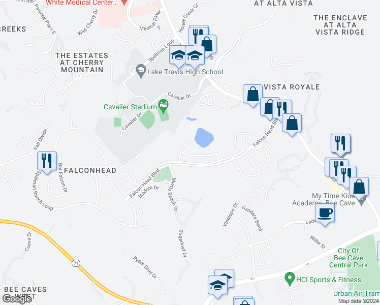map of restaurants, bars, coffee shops, grocery stores, and more near 14516 American Kestrel Drive in Austin