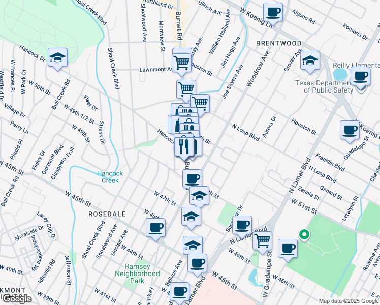map of restaurants, bars, coffee shops, grocery stores, and more near 1416 West 51st Street in Austin