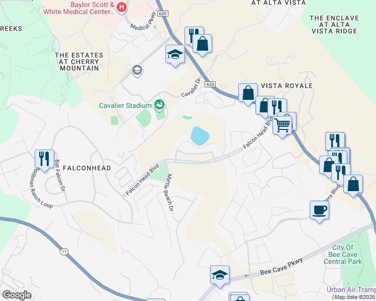 map of restaurants, bars, coffee shops, grocery stores, and more near 14512 American Kestrel Drive in Austin