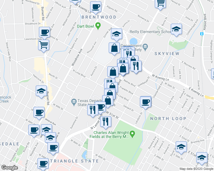 map of restaurants, bars, coffee shops, grocery stores, and more near 816 W North Loop Blvd in Austin