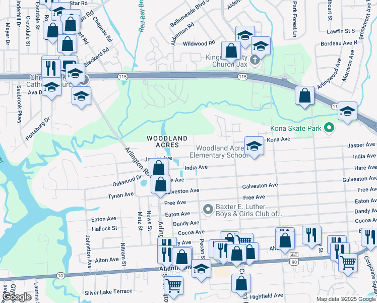map of restaurants, bars, coffee shops, grocery stores, and more near 7693 Kona Avenue in Jacksonville