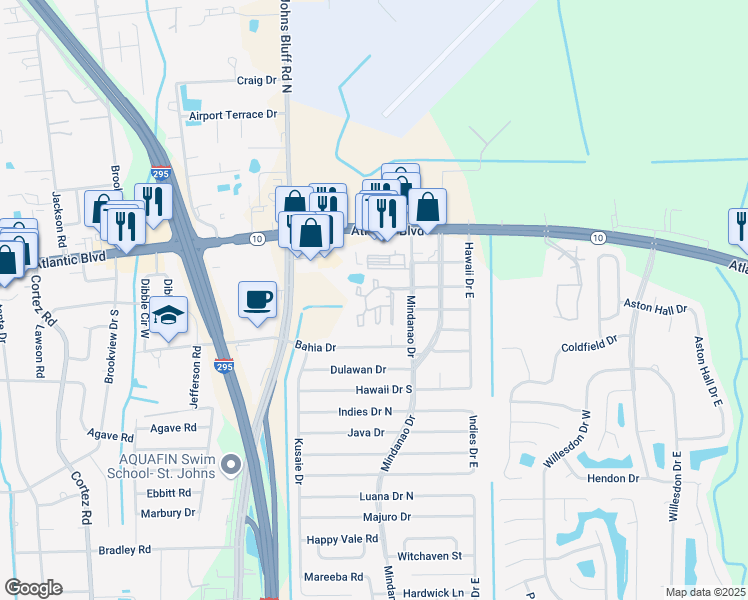 map of restaurants, bars, coffee shops, grocery stores, and more near 1700 Mindanao Drive in Jacksonville