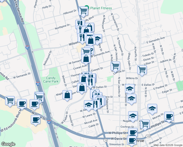 map of restaurants, bars, coffee shops, grocery stores, and more near 1400 North Frazier Street in Conroe