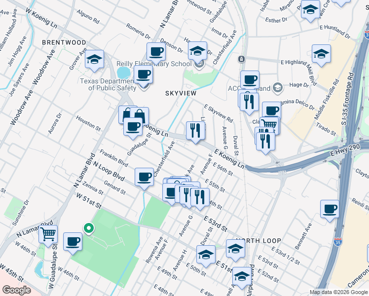 map of restaurants, bars, coffee shops, grocery stores, and more near 115 West Koenig Lane in Austin