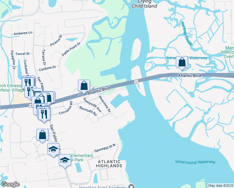 map of restaurants, bars, coffee shops, grocery stores, and more near 14030 Atlantic Boulevard in Jacksonville
