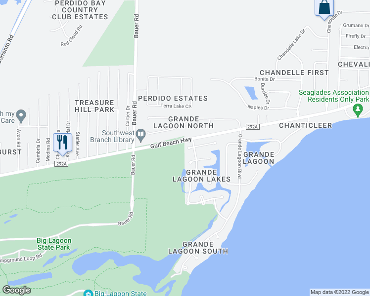 map of restaurants, bars, coffee shops, grocery stores, and more near 5413 Ponte Verde Drive in Pensacola