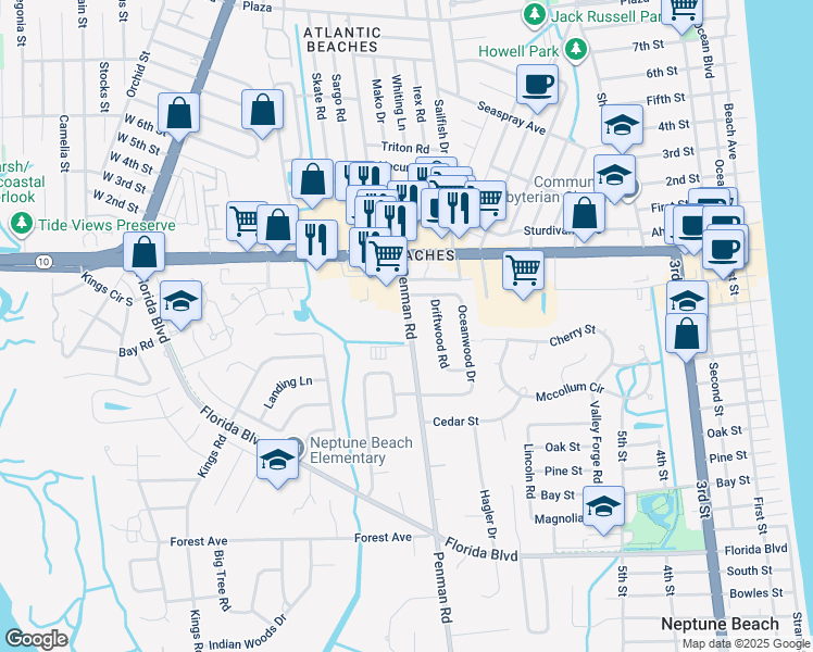 map of restaurants, bars, coffee shops, grocery stores, and more near 400 Penman Rd in Neptune Beach