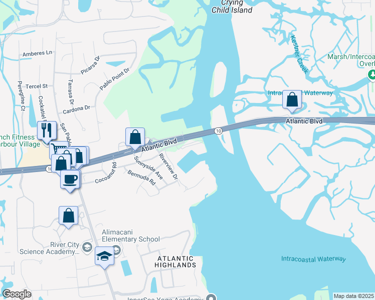 map of restaurants, bars, coffee shops, grocery stores, and more near 14030 Atlantic Boulevard in Jacksonville