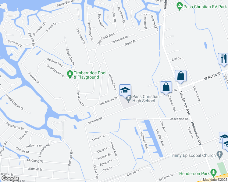 map of restaurants, bars, coffee shops, grocery stores, and more near 105 Oakland Avenue in Pass Christian