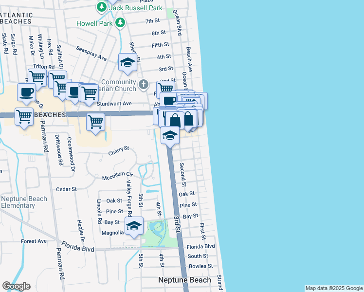 map of restaurants, bars, coffee shops, grocery stores, and more near 308 First Street in Neptune Beach