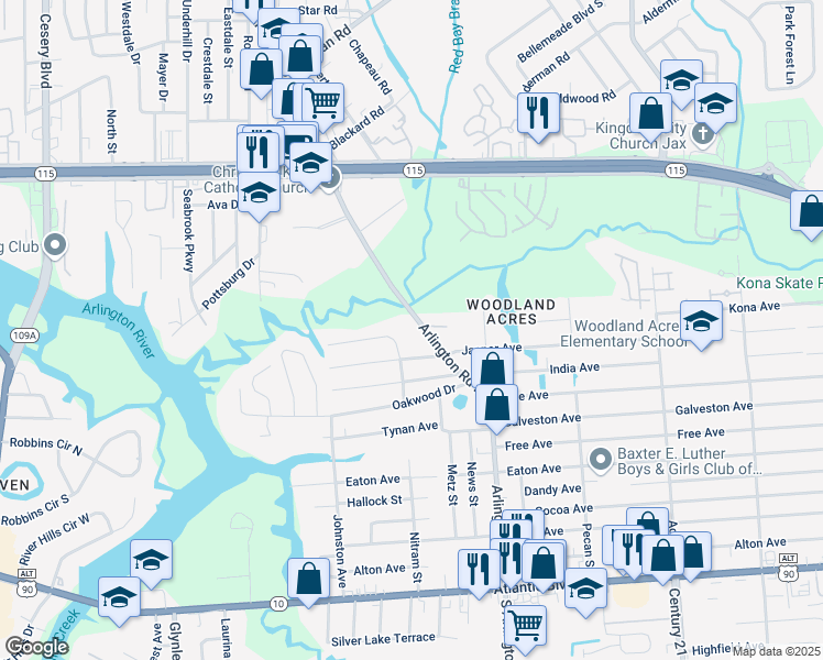 map of restaurants, bars, coffee shops, grocery stores, and more near 525 Arlington Road North in Jacksonville