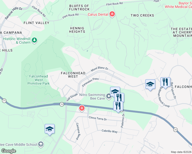 map of restaurants, bars, coffee shops, grocery stores, and more near 15812 Tetons Court in Bee Cave