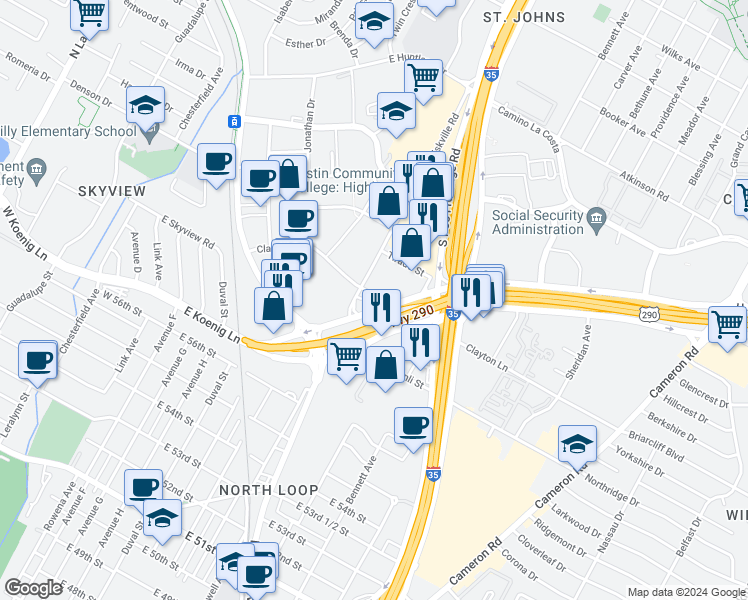 map of restaurants, bars, coffee shops, grocery stores, and more near 6 Clayton Lane in Austin