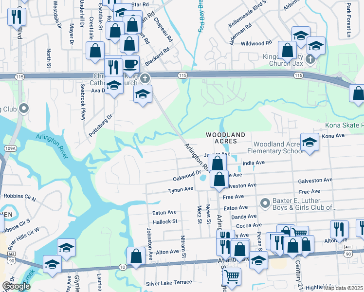 map of restaurants, bars, coffee shops, grocery stores, and more near 525 Arlington Road North in Jacksonville