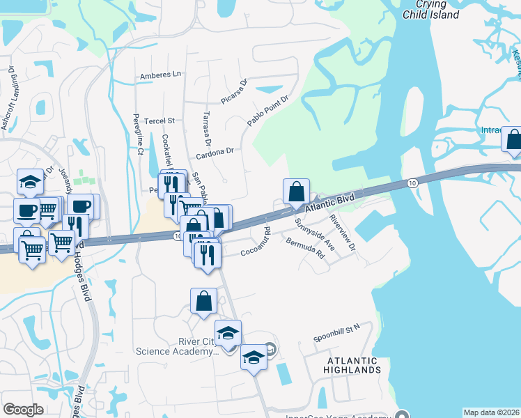 map of restaurants, bars, coffee shops, grocery stores, and more near 13657 Atlantic Boulevard in Jacksonville