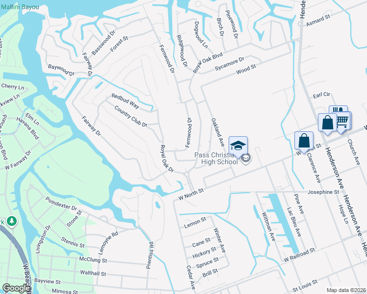 map of restaurants, bars, coffee shops, grocery stores, and more near 114 Fernwood Drive in Pass Christian