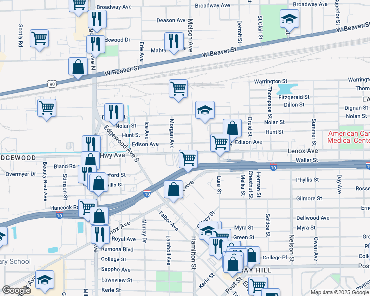 map of restaurants, bars, coffee shops, grocery stores, and more near 4524 Edison Avenue in Jacksonville