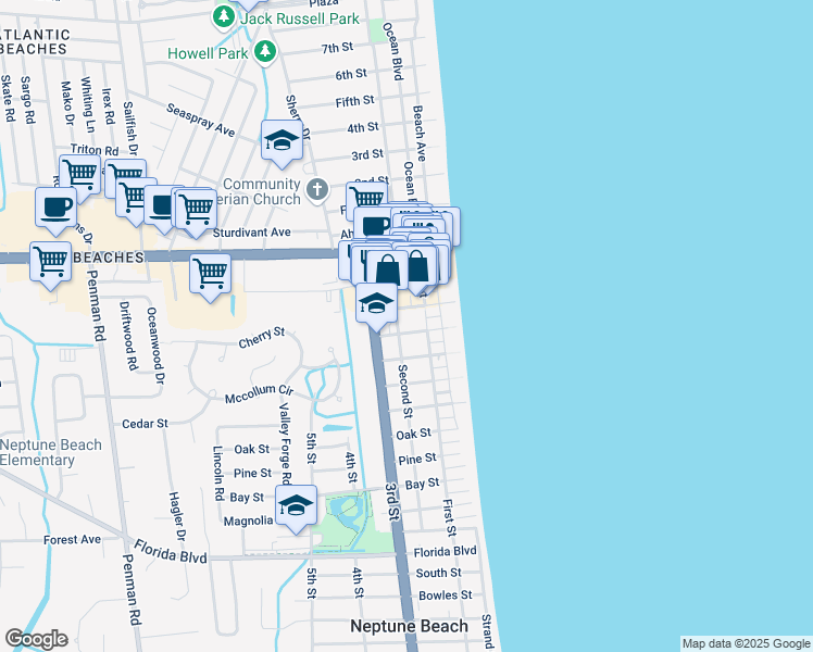 map of restaurants, bars, coffee shops, grocery stores, and more near 308 First Street in Neptune Beach